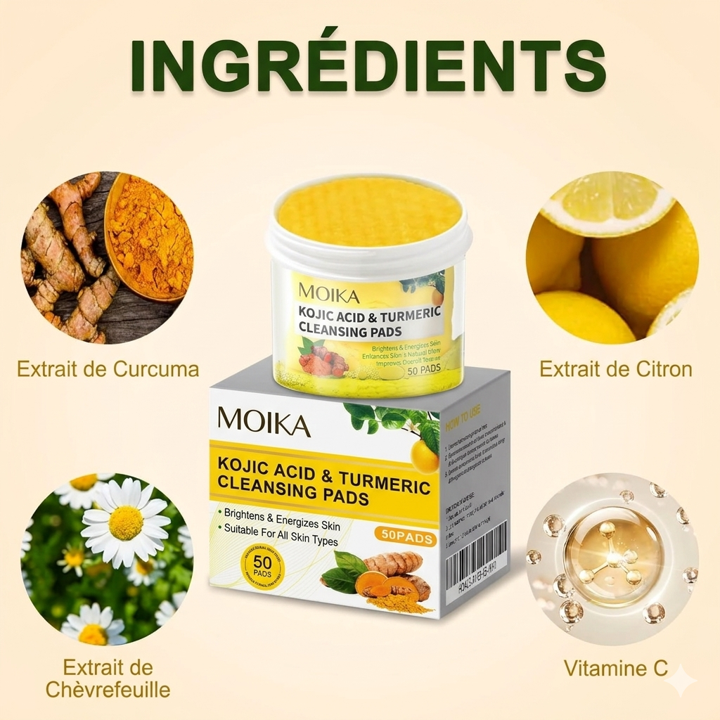 Pads Eclat Anti-Taches au Kojic & Curcuma — 50 soins | Resultats visibles en 7 jours